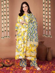 Yellow Floral Cotton Maternity Kurta with Trouser and Dupatta
