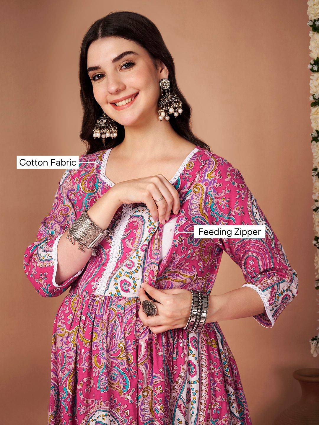 Pink Paisley Cotton Maternity Kurta with Trouser and Dupatta