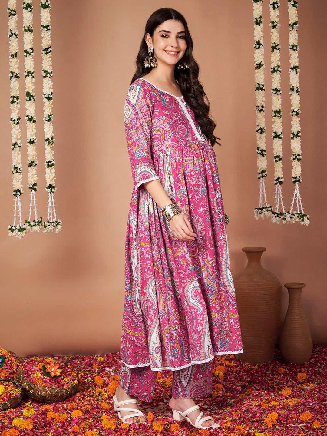 Pink Paisley Cotton Maternity Kurta with Trouser and Dupatta