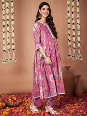 Pink Paisley Cotton Maternity Kurta with Trouser and Dupatta