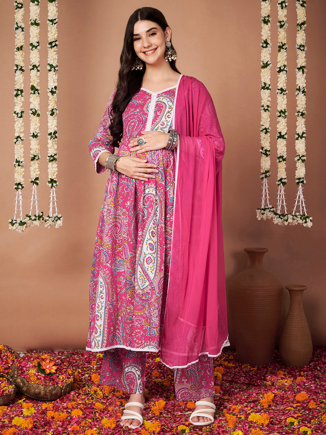 Pink Paisley Cotton Maternity Kurta with Trouser and Dupatta