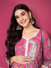 Pink Paisley Cotton Maternity Kurta with Trouser and Dupatta