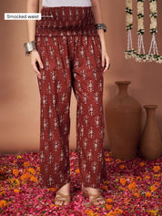 Rust Ikkat Floral Print Cotton Maternity Kurta with Trouser and Dupatta