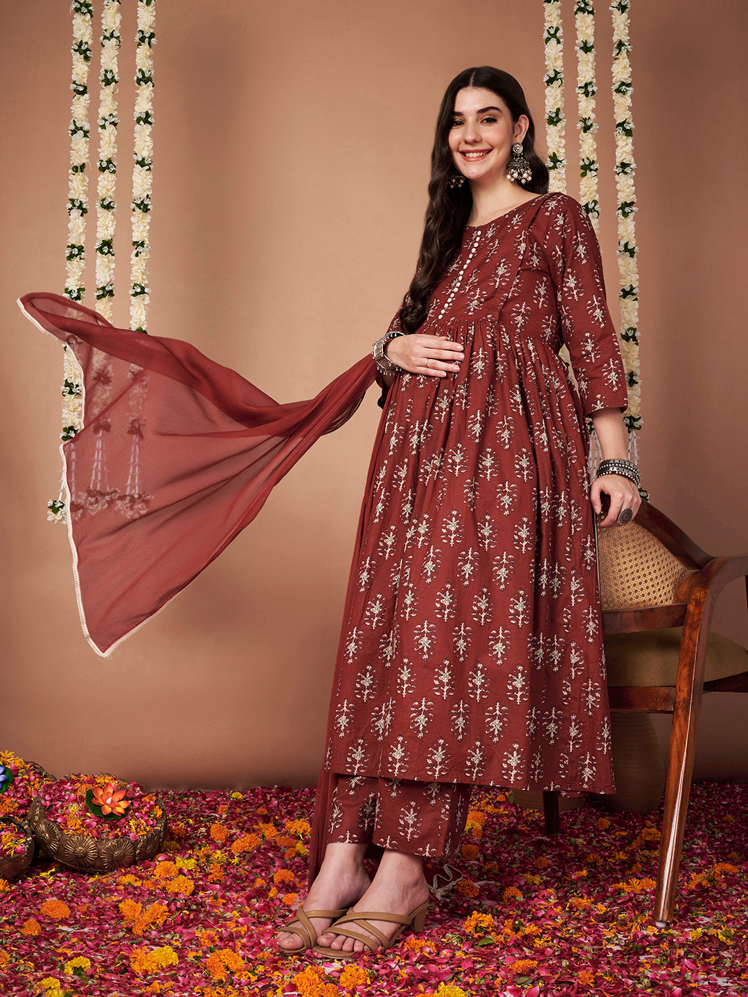 Rust Ikkat Floral Print Cotton Maternity Kurta with Trouser and Dupatta