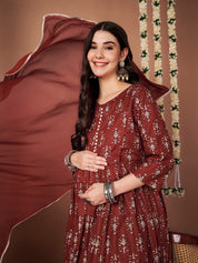Rust Ikkat Floral Print Cotton Maternity Kurta with Trouser and Dupatta