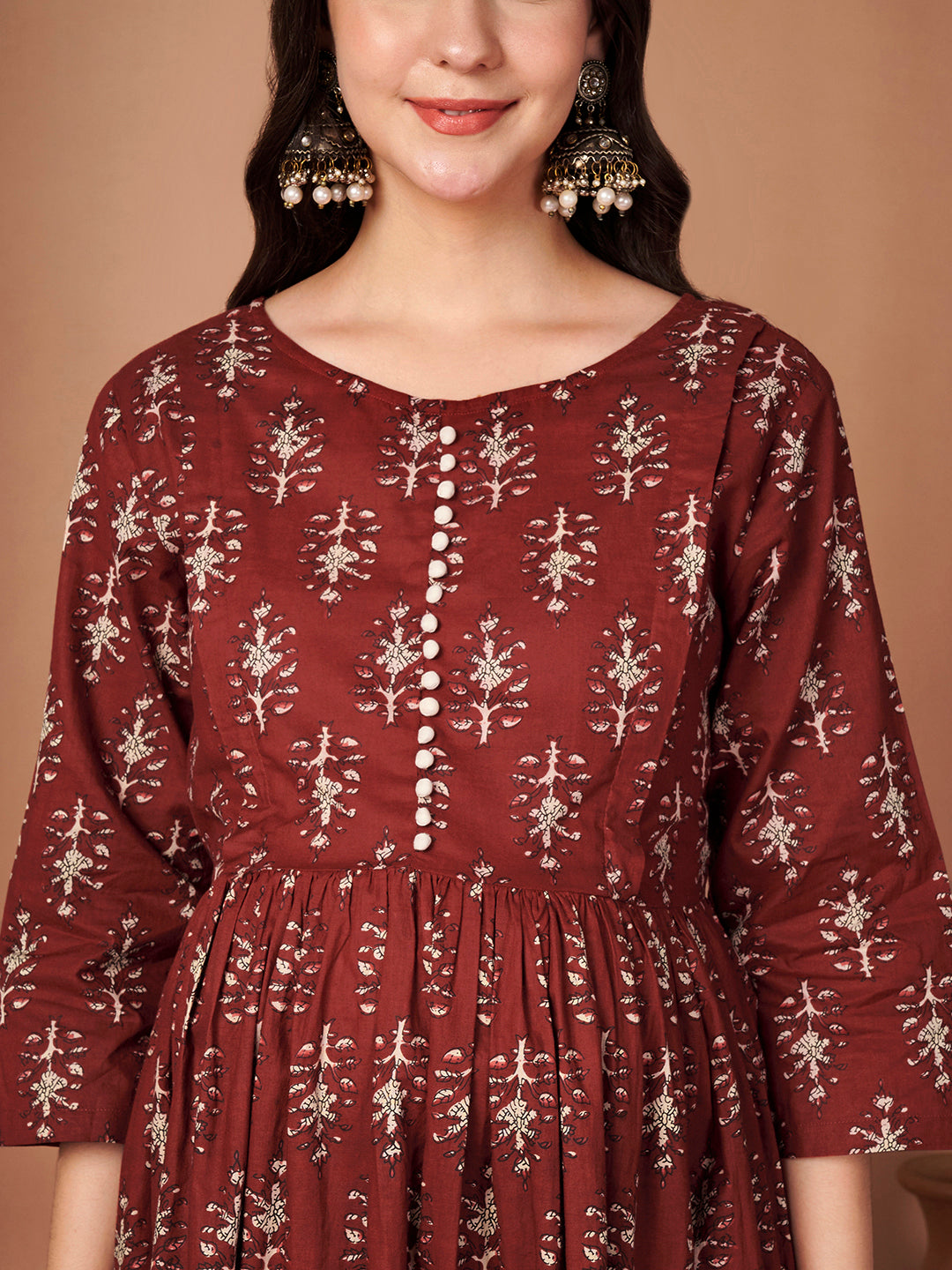Rust Ikkat Floral Print Cotton Maternity Kurta with Trouser and Dupatta