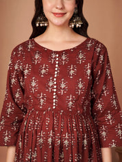 Rust Ikkat Floral Print Cotton Maternity Kurta with Trouser and Dupatta