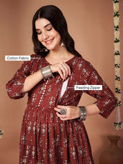 Rust Ikkat Floral Print Cotton Maternity Kurta with Trouser and Dupatta