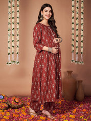 Rust Ikkat Floral Print Cotton Maternity Kurta with Trouser and Dupatta