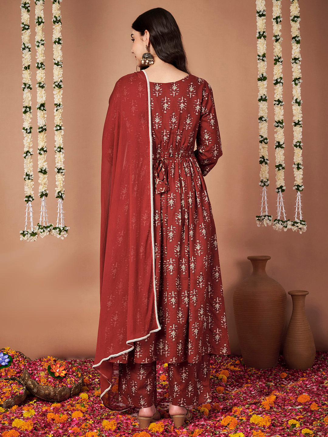 Rust Ikkat Floral Print Cotton Maternity Kurta with Trouser and Dupatta
