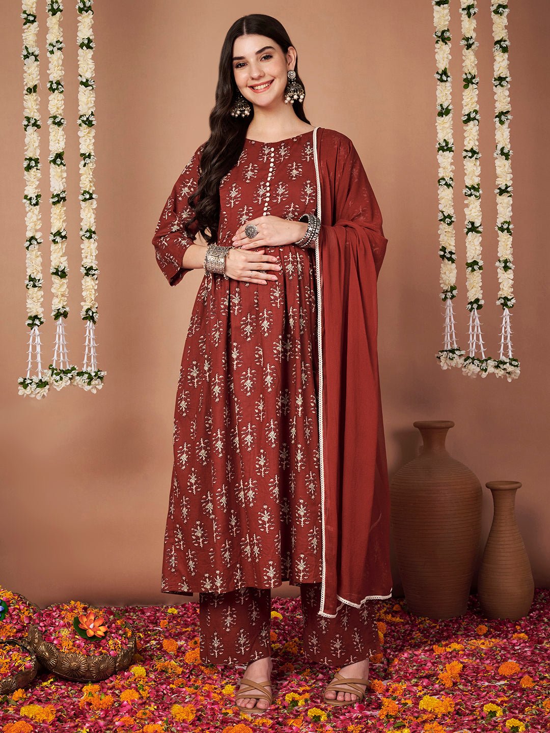 Rust Ikkat Floral Print Cotton Maternity Kurta with Trouser and Dupatta