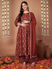 Rust Ikkat Floral Print Cotton Maternity Kurta with Trouser and Dupatta