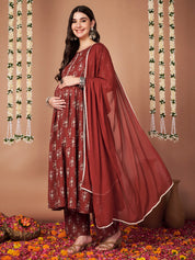 Rust Ikkat Floral Print Cotton Maternity Kurta with Trouser and Dupatta