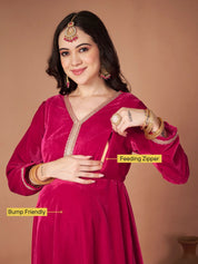 Pink Velvet Maternity Kurta Set