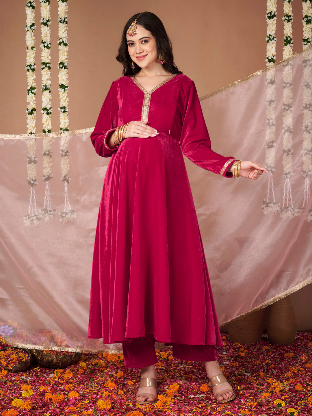Pink Velvet Maternity Kurta Set