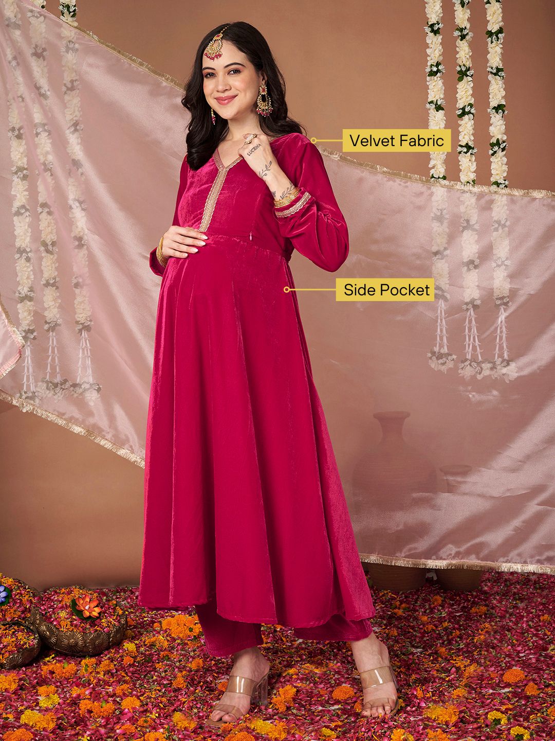 Pink Velvet Maternity Kurta Set