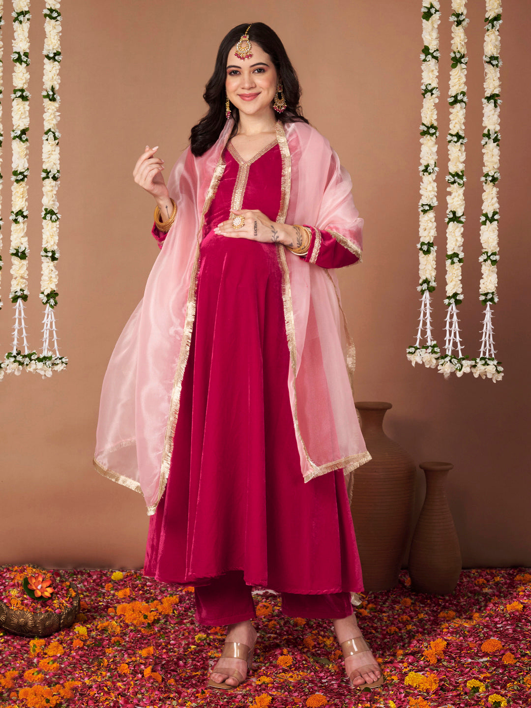 Pink Velvet Maternity Kurta Set