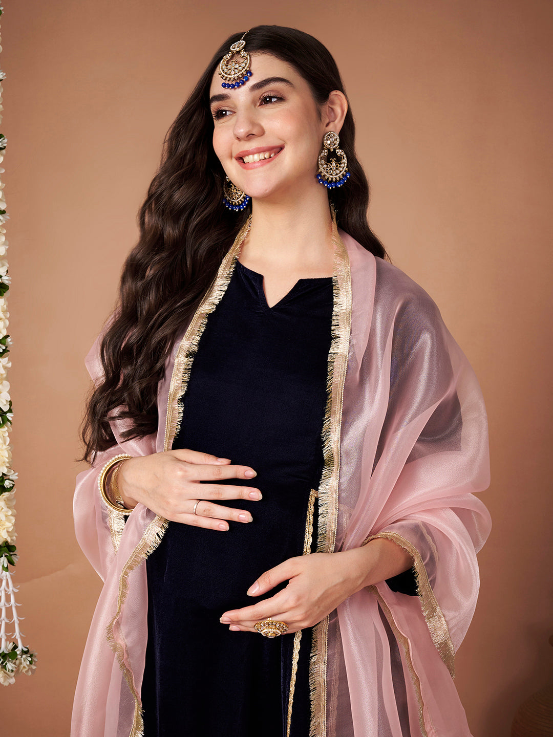 Navy Blue Velvet Maternity Kurta Set