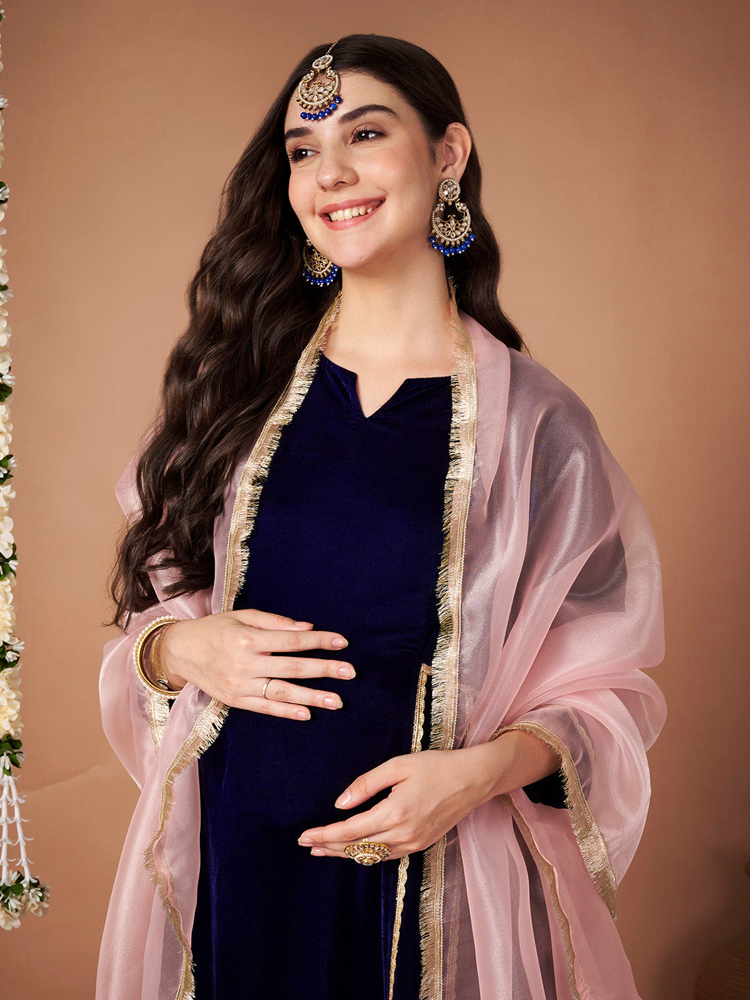 Navy Blue Velvet Maternity Kurta Set