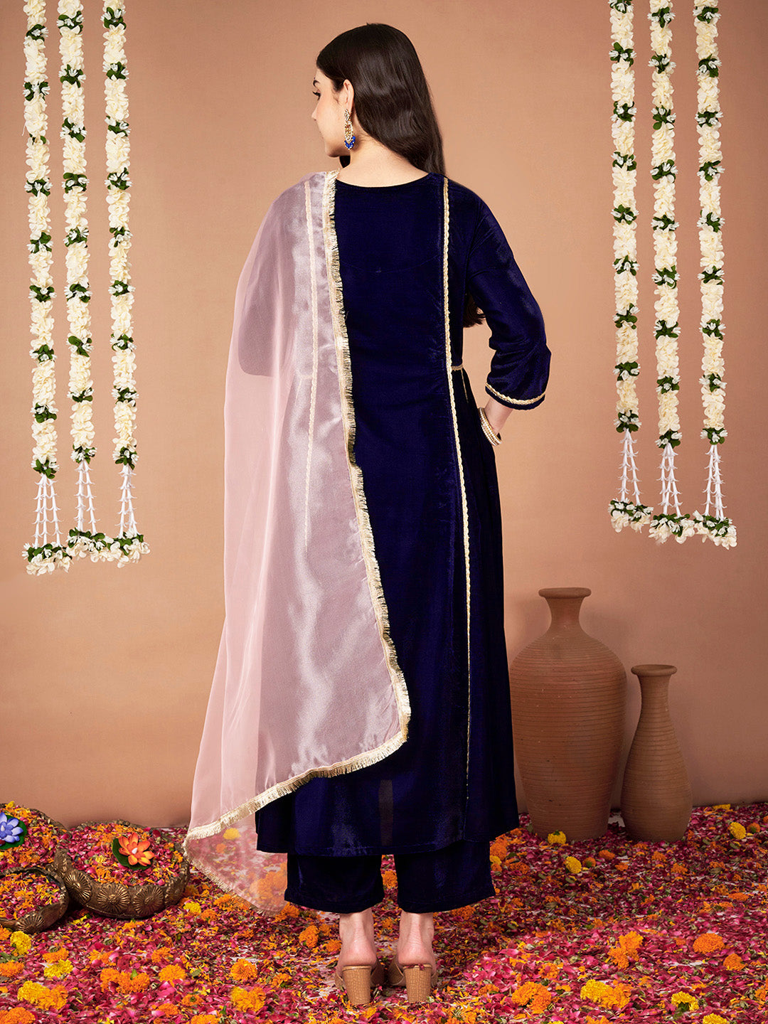 Navy Blue Velvet Maternity Kurta Set