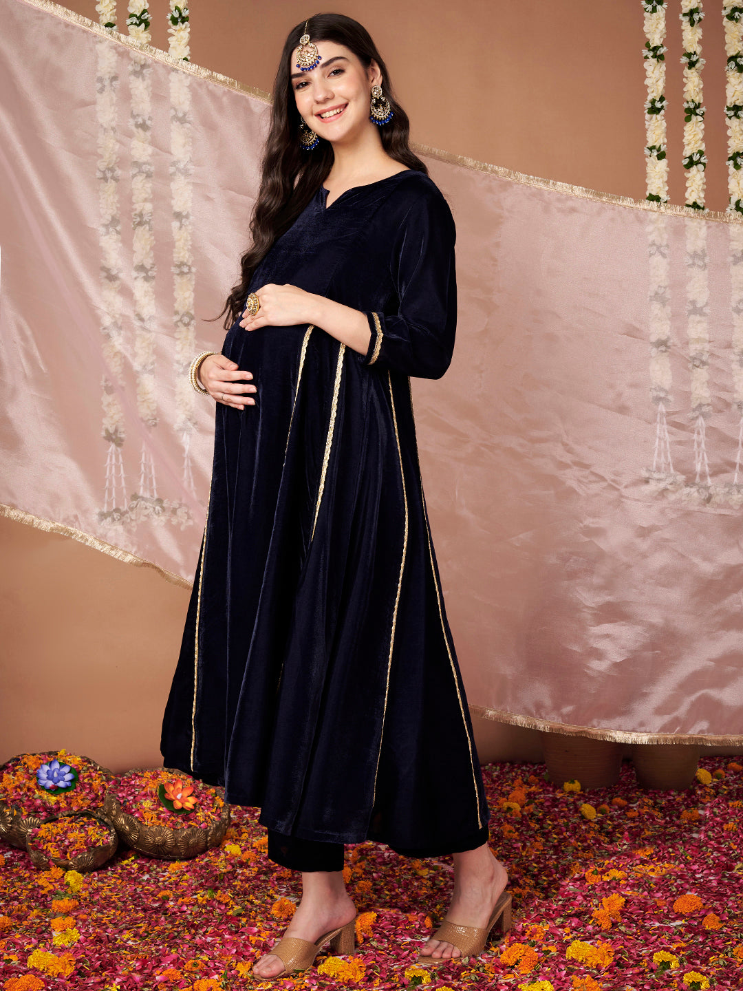 Navy Blue Velvet Maternity Kurta Set