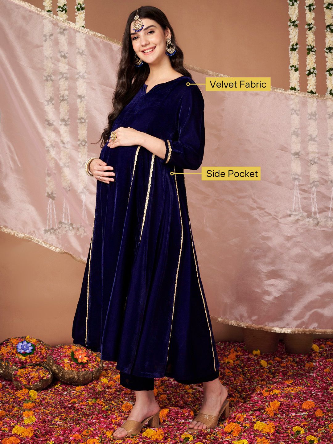 Navy Blue Velvet Maternity Kurta Set