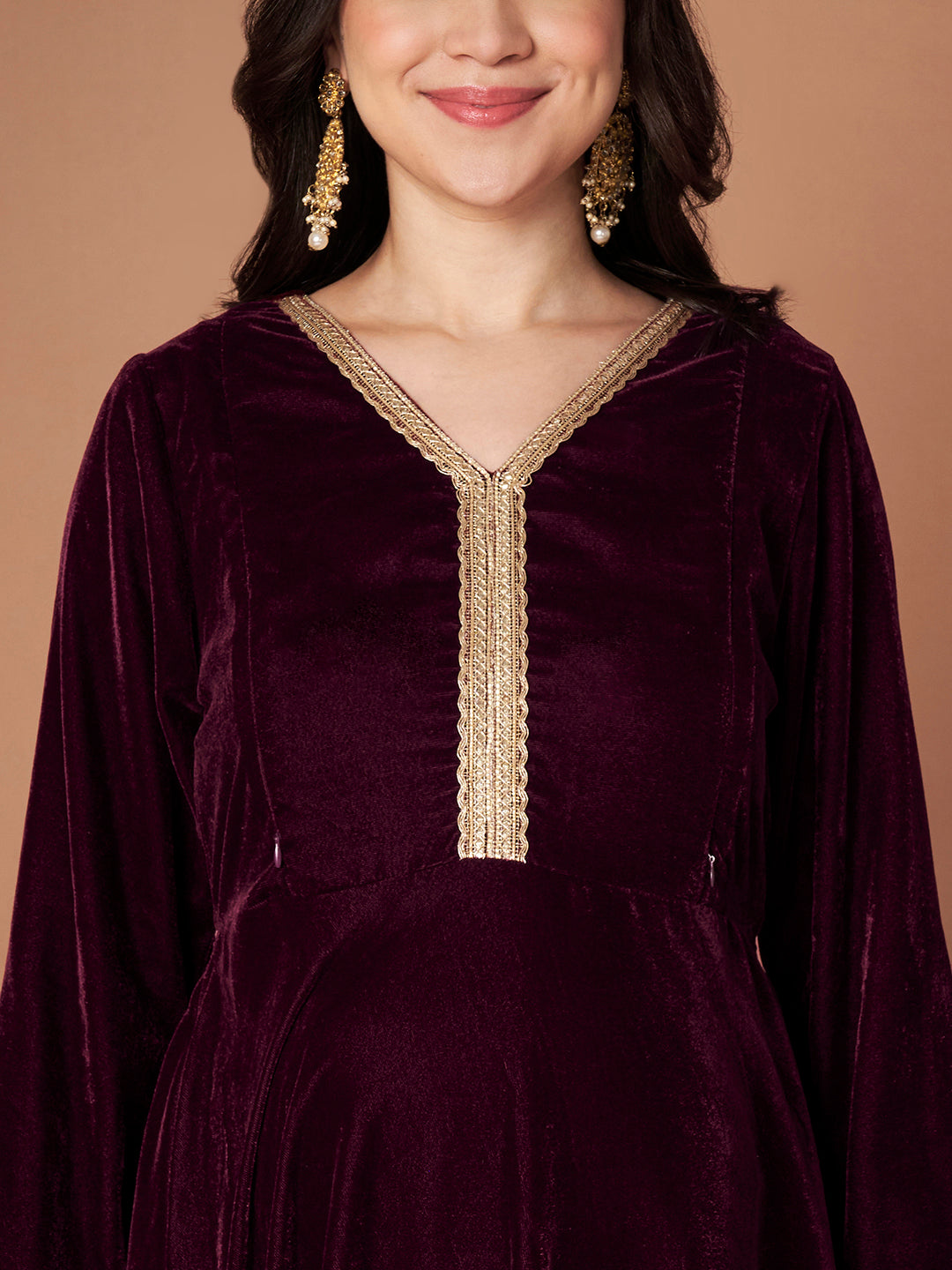 Wine Velvet Maternity Kurta Set