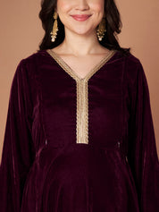 Wine Velvet Maternity Kurta Set