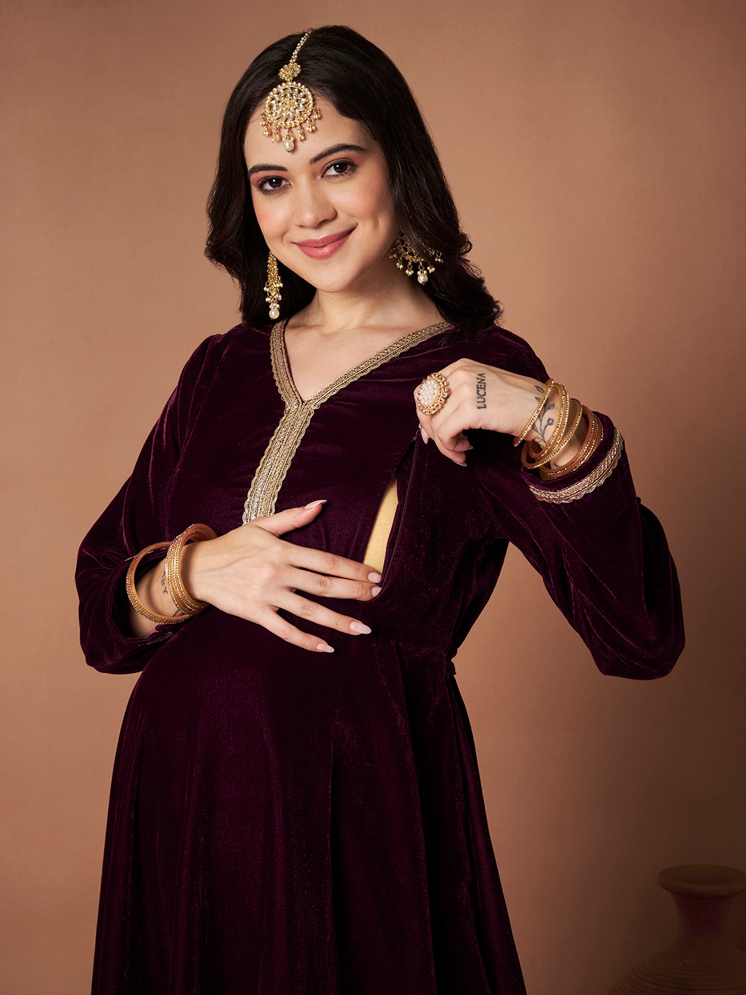 Wine Velvet Maternity Kurta Set