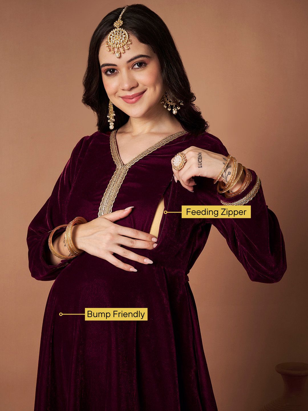 Wine Velvet Maternity Kurta Set