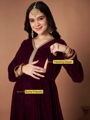 Wine Velvet Maternity Kurta Set