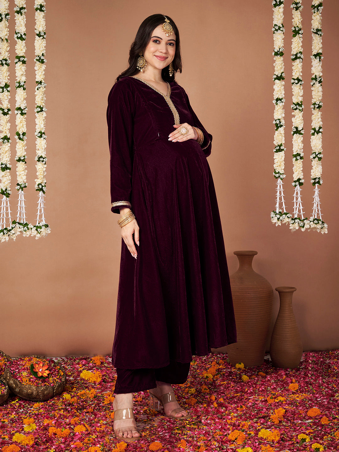 Wine Velvet Maternity Kurta Set