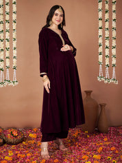 Wine Velvet Maternity Kurta Set