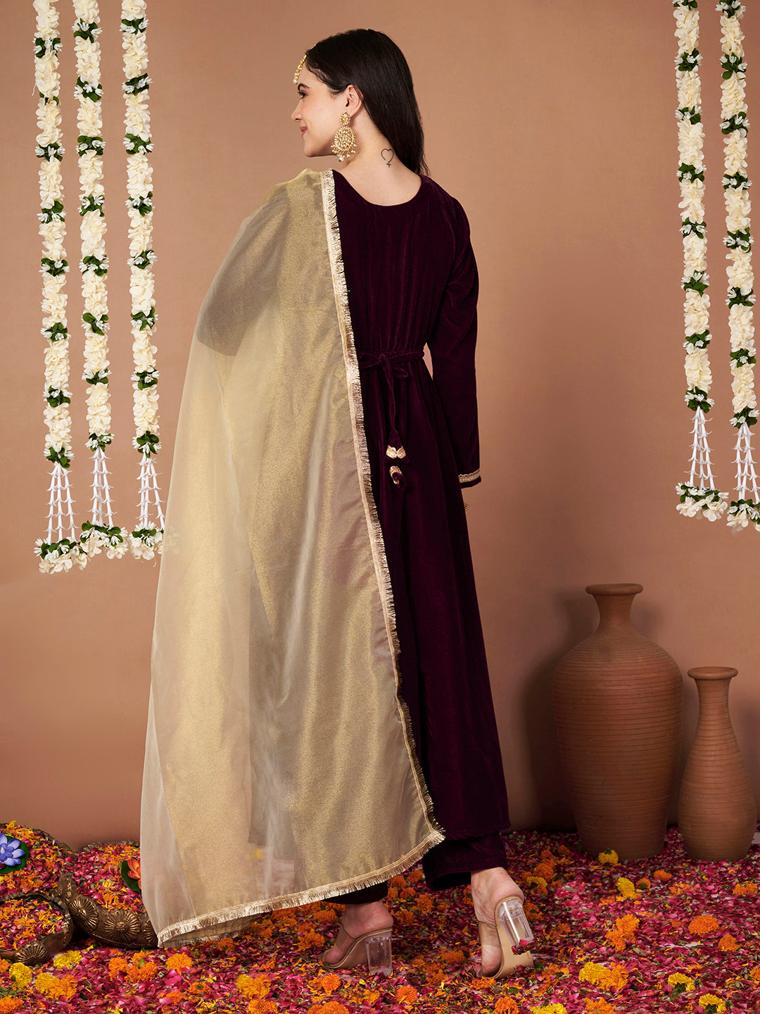 Wine Velvet Maternity Kurta Set