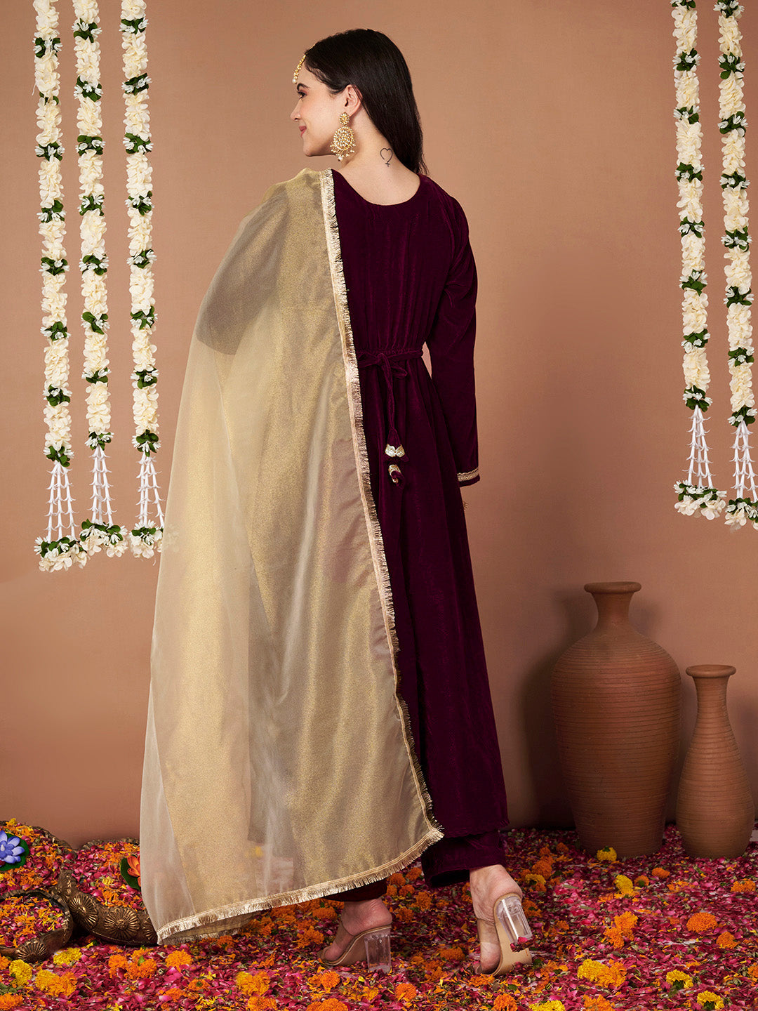 Wine Velvet Maternity Kurta Set