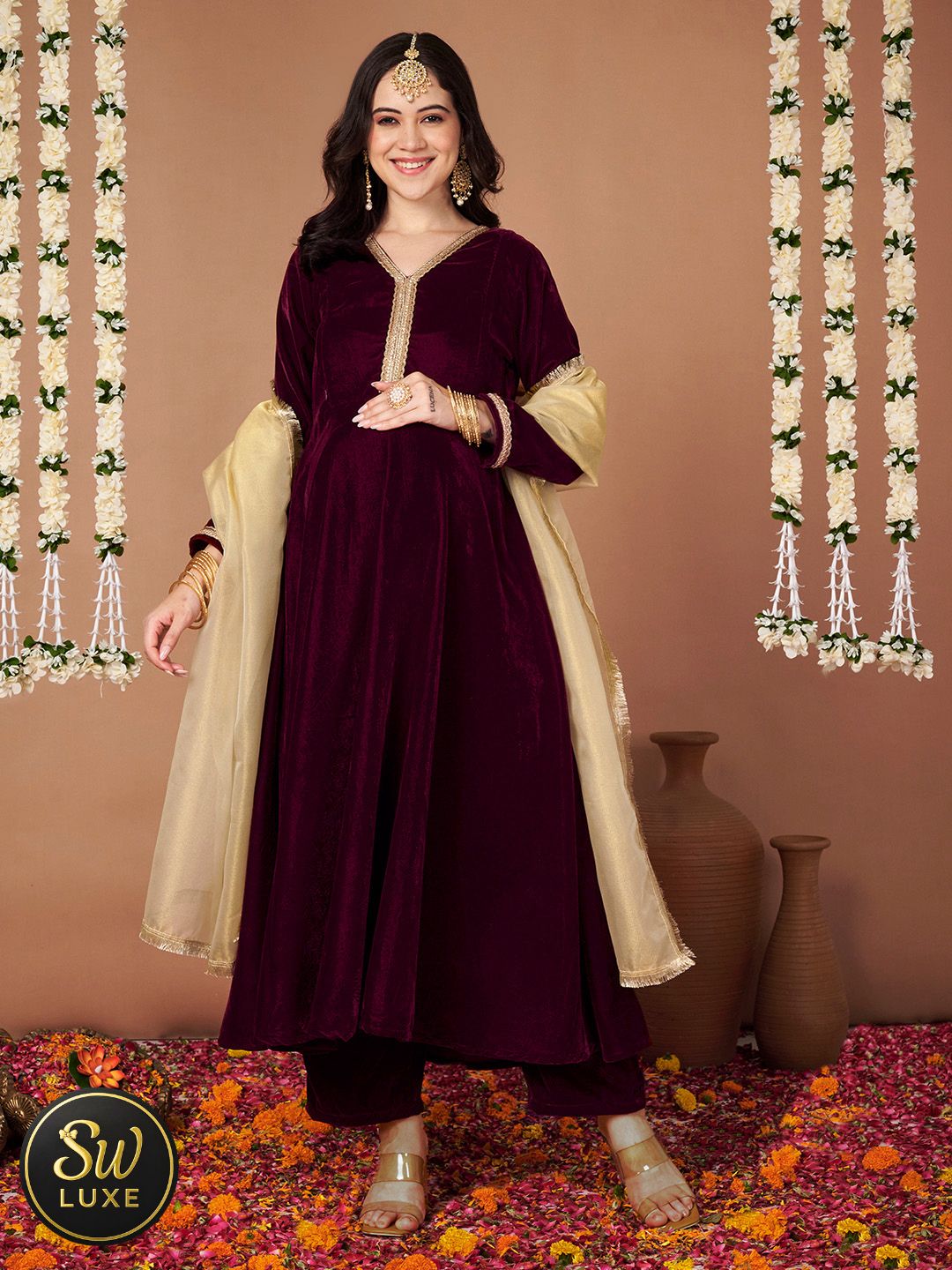 Wine Velvet Maternity Kurta Set