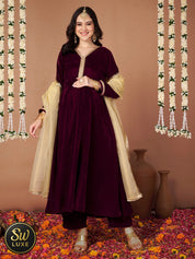 Wine Velvet Maternity Kurta Set