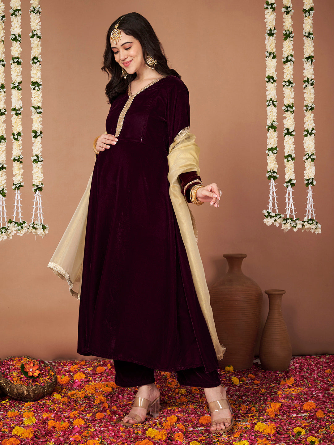 Wine Velvet Maternity Kurta Set