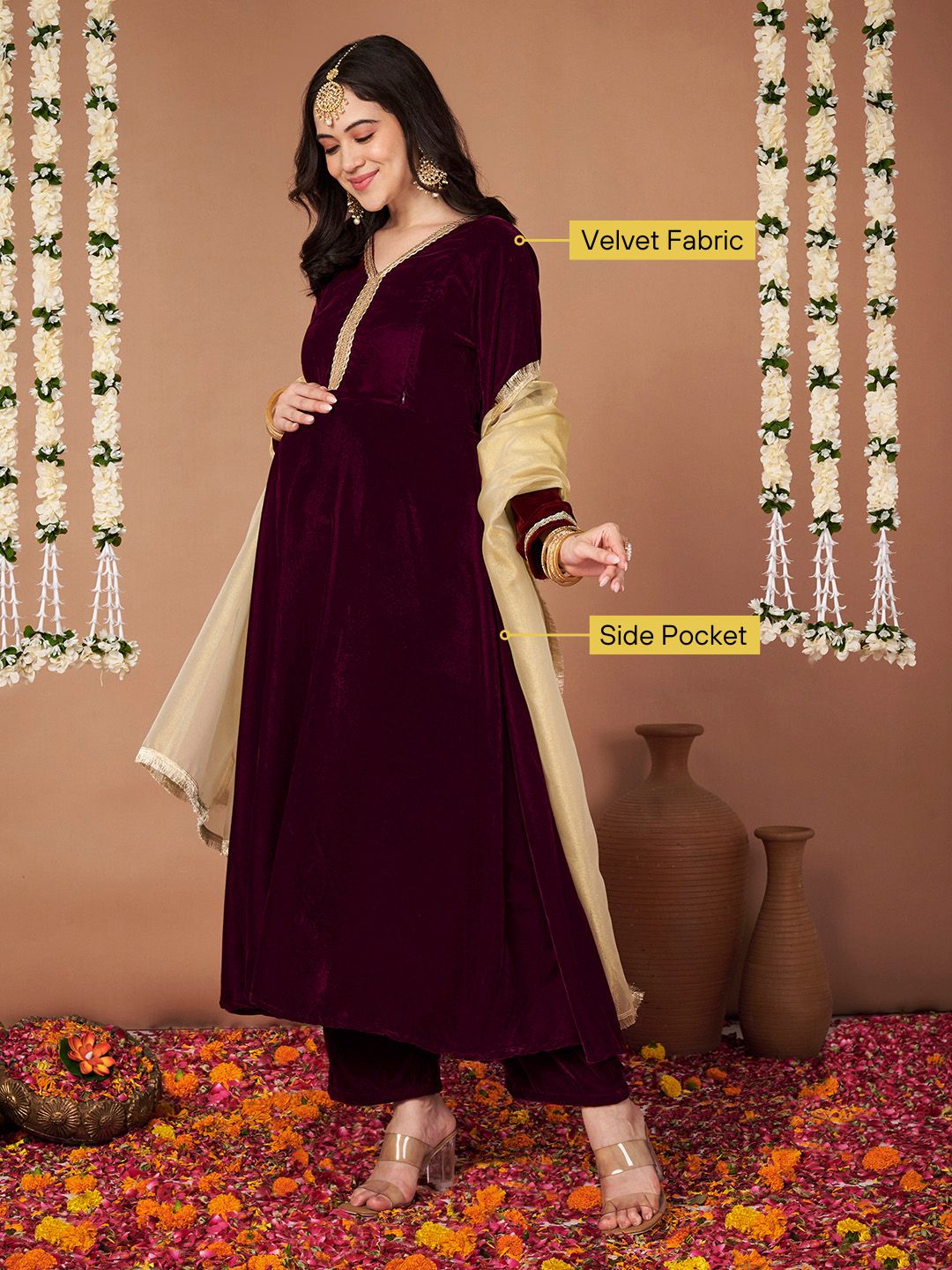 Wine Velvet Maternity Kurta Set