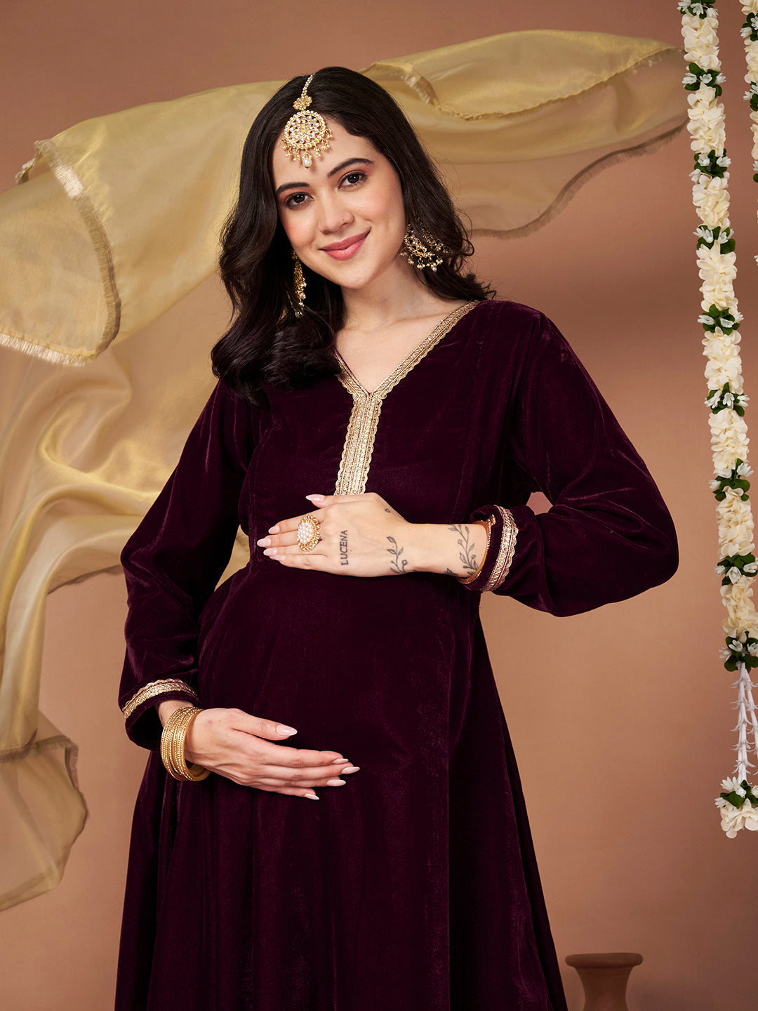 Wine Velvet Maternity Kurta Set