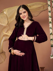 Wine Velvet Maternity Kurta Set