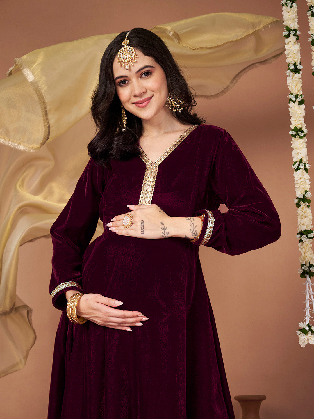 Wine Velvet Maternity Kurta Set
