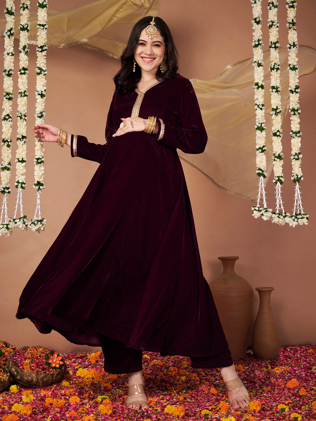 Wine Velvet Maternity Kurta Set