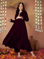 Wine Velvet Maternity Kurta Set
