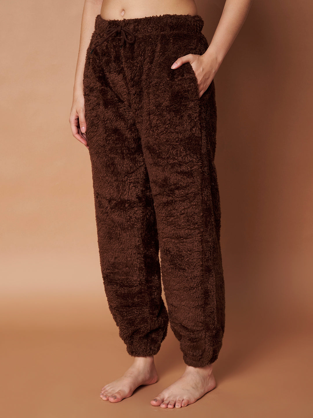 Brown Faux Fur Zip Closure Winter Night Suit