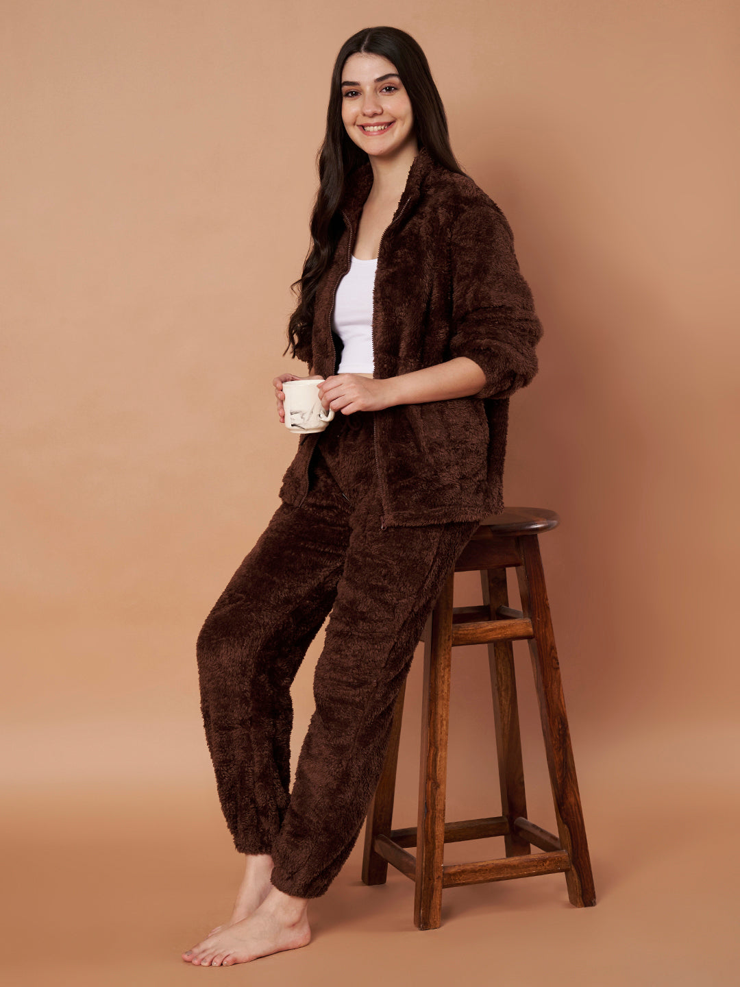 Brown Faux Fur Zip Closure Winter Night Suit