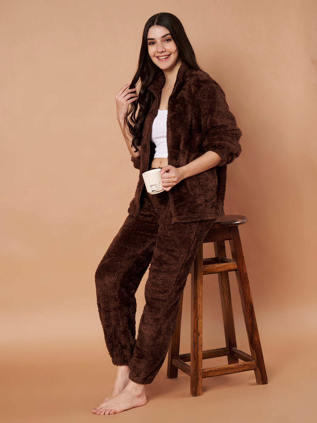 Brown Faux Fur Zip Closure Winter Night Suit