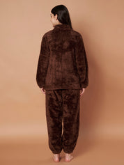 Brown Faux Fur Zip Closure Winter Night Suit