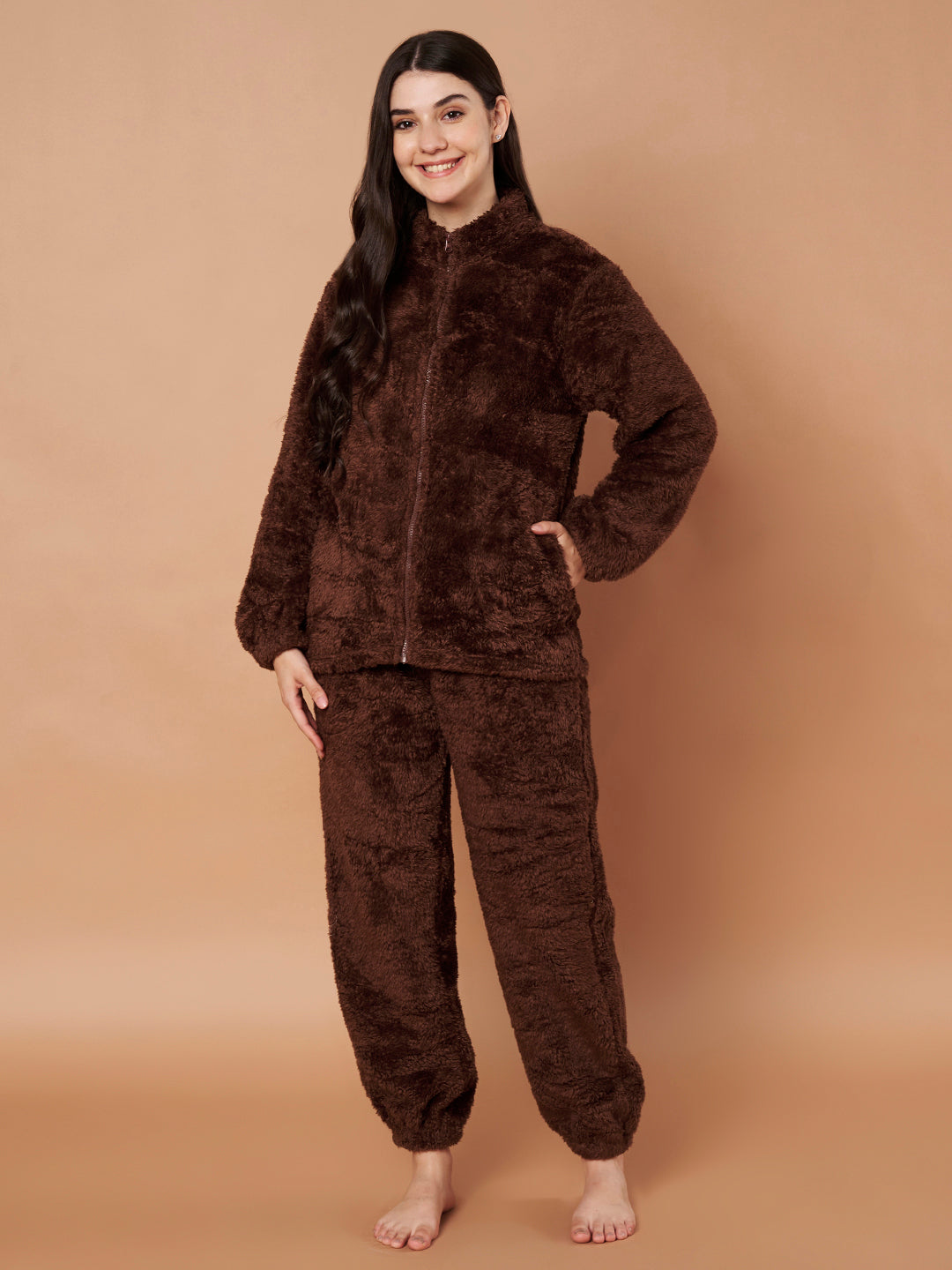 Brown Faux Fur Zip Closure Winter Night Suit