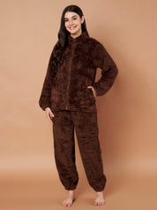 Brown Faux Fur Zip Closure Winter Night Suit